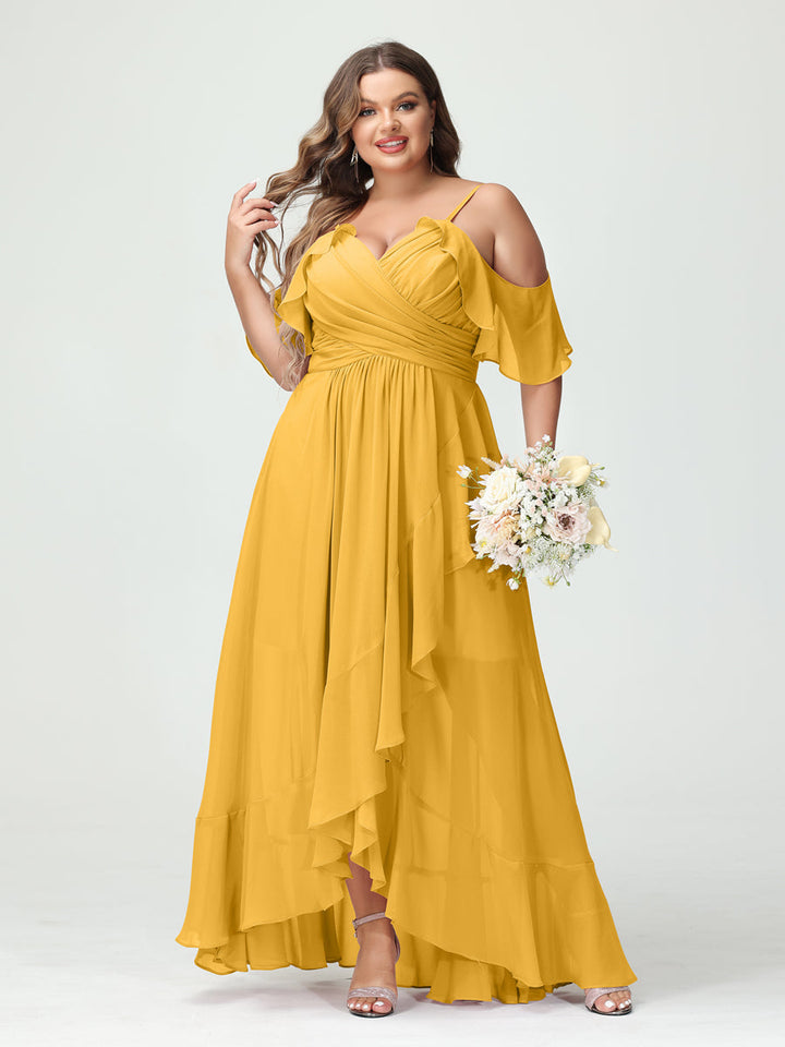 A-Line/Princess Spaghetti Straps V-Neck Short Sleeves Chiffon Asymmetrical Plus Size Bridesmaid Dresses with Ruffles