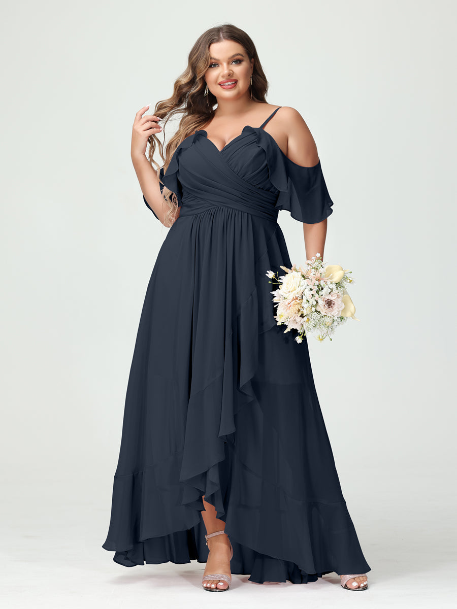 A-Line/Princess Spaghetti Straps V-Neck Short Sleeves Chiffon Asymmetrical Plus Size Bridesmaid Dresses with Ruffles