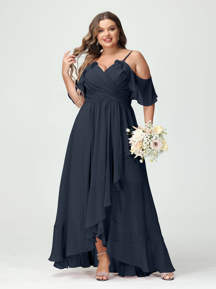 A-Line/Princess Spaghetti Straps V-Neck Short Sleeves Chiffon Asymmetrical Plus Size Bridesmaid Dresses with Ruffles