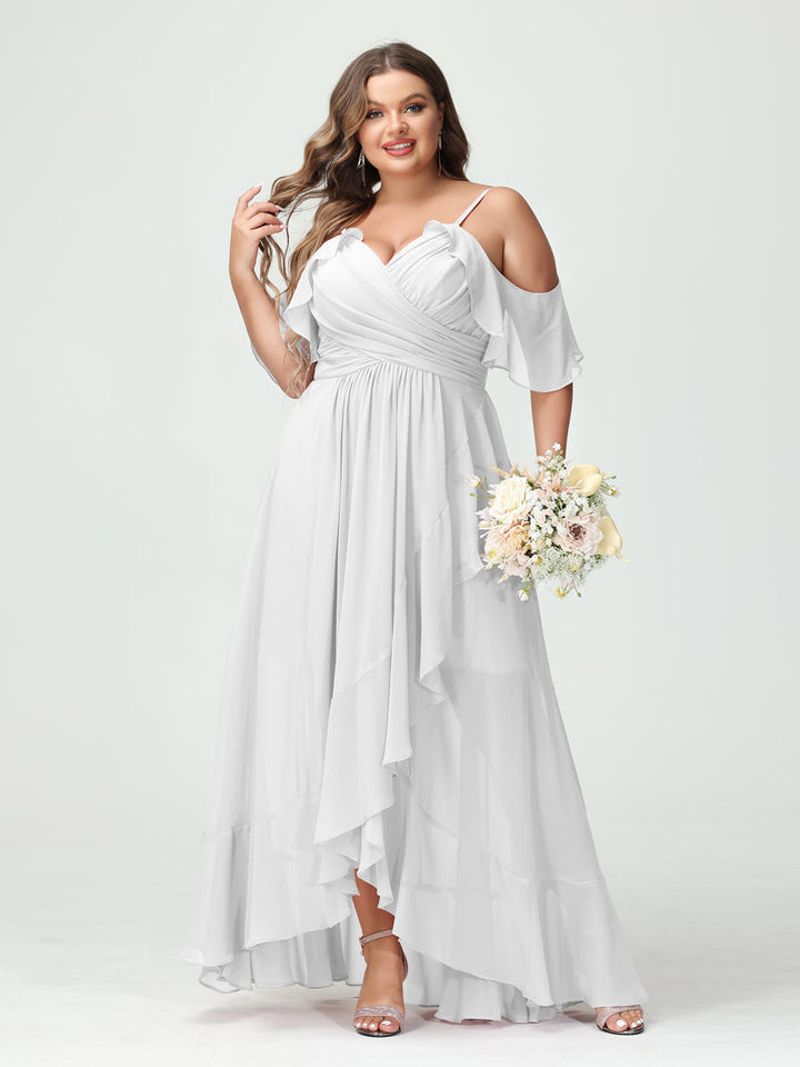 A-Line/Princess Spaghetti Straps V-Neck Short Sleeves Chiffon Asymmetrical Plus Size Bridesmaid Dresses with Ruffles