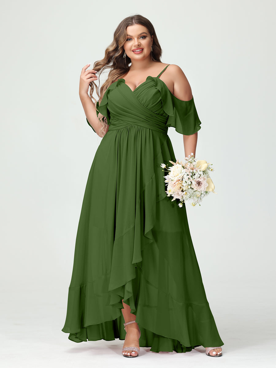 A-Line/Princess Spaghetti Straps V-Neck Short Sleeves Chiffon Asymmetrical Plus Size Bridesmaid Dresses with Ruffles