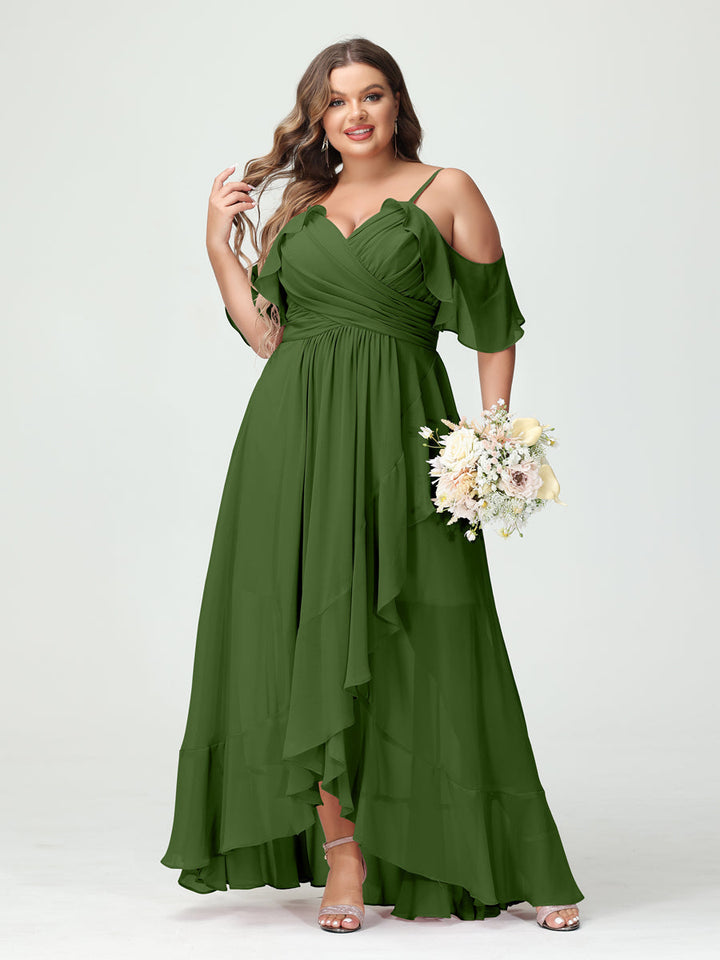 A-Line/Princess Spaghetti Straps V-Neck Short Sleeves Chiffon Asymmetrical Plus Size Bridesmaid Dresses with Ruffles