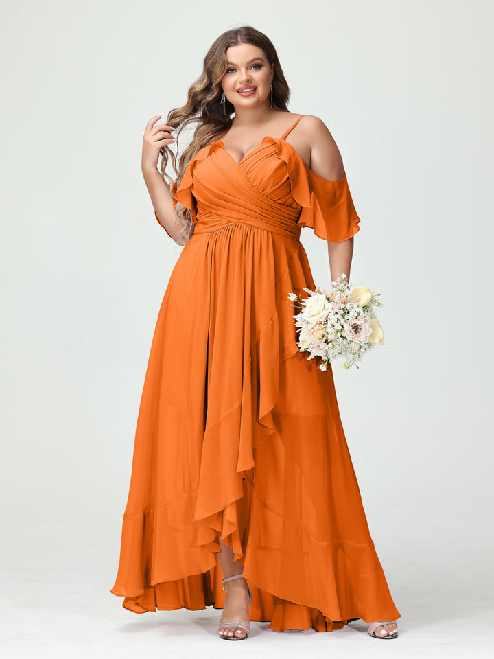 A-Line/Princess Spaghetti Straps V-Neck Short Sleeves Chiffon Asymmetrical Plus Size Bridesmaid Dresses with Ruffles