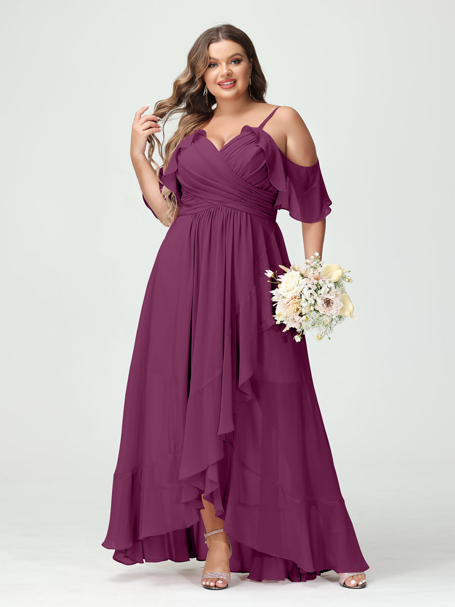 A-Line/Princess Spaghetti Straps V-Neck Short Sleeves Chiffon Asymmetrical Plus Size Bridesmaid Dresses with Ruffles