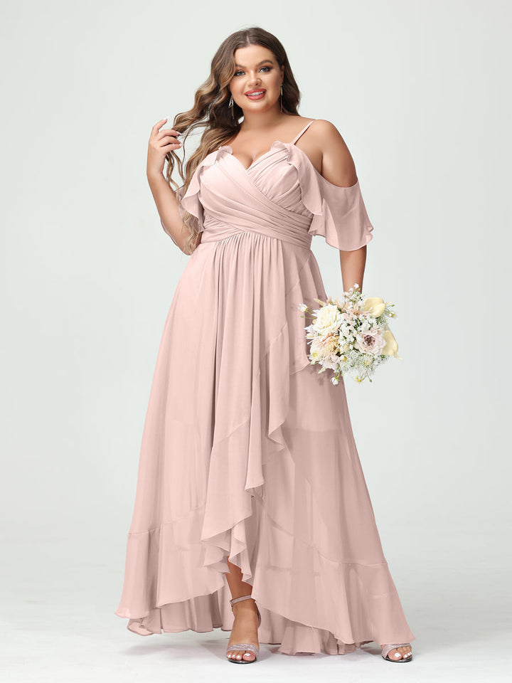 A-Line/Princess Spaghetti Straps V-Neck Short Sleeves Chiffon Asymmetrical Plus Size Bridesmaid Dresses with Ruffles