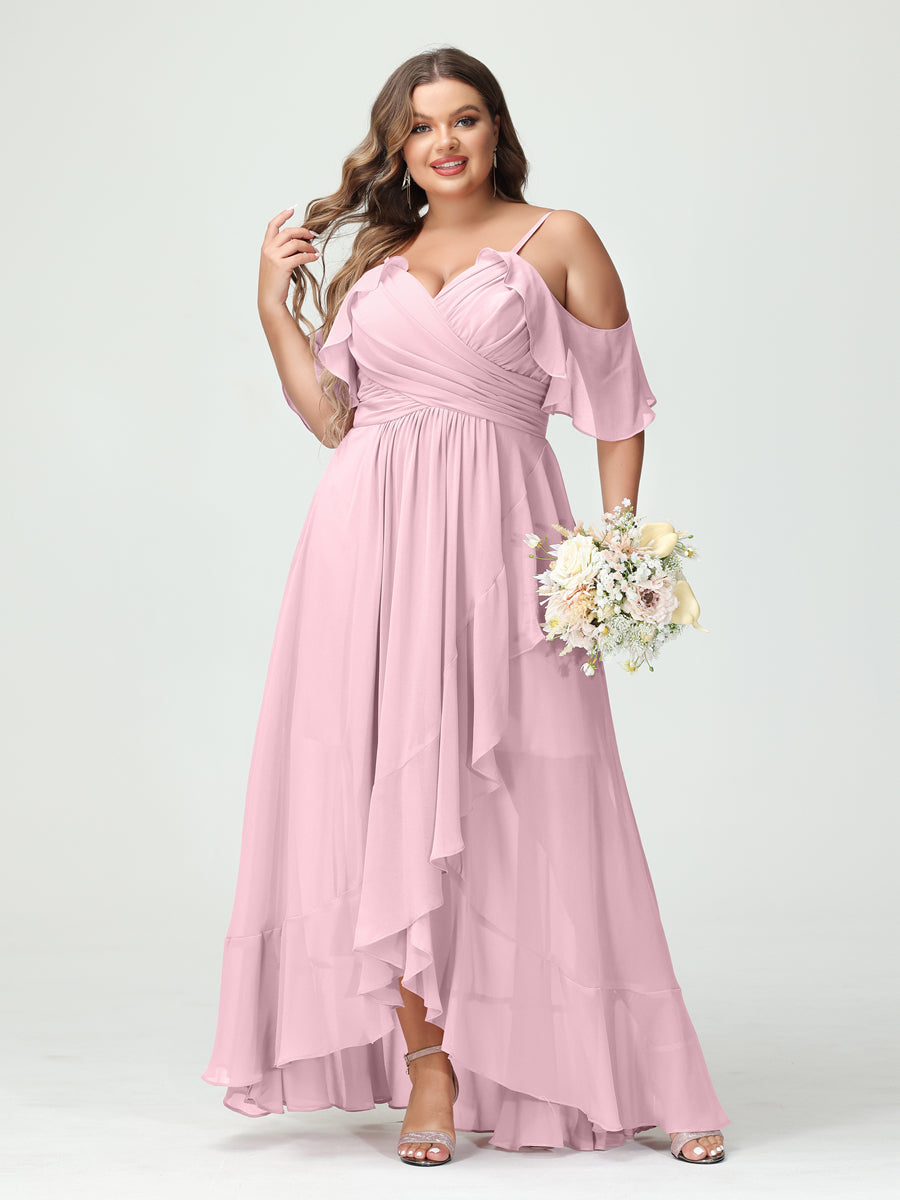 A-Line/Princess Spaghetti Straps V-Neck Short Sleeves Chiffon Asymmetrical Plus Size Bridesmaid Dresses with Ruffles