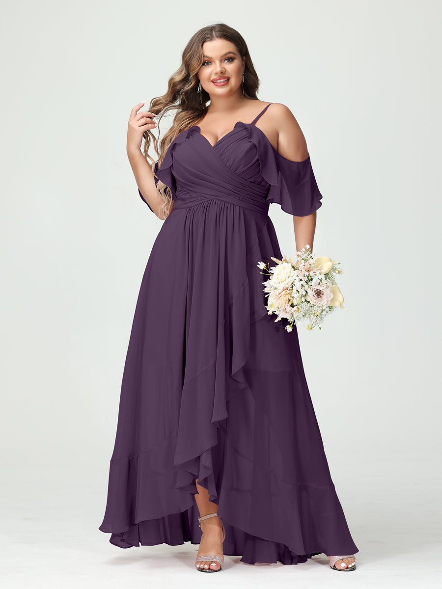 A-Line/Princess Spaghetti Straps V-Neck Short Sleeves Chiffon Asymmetrical Plus Size Bridesmaid Dresses with Ruffles