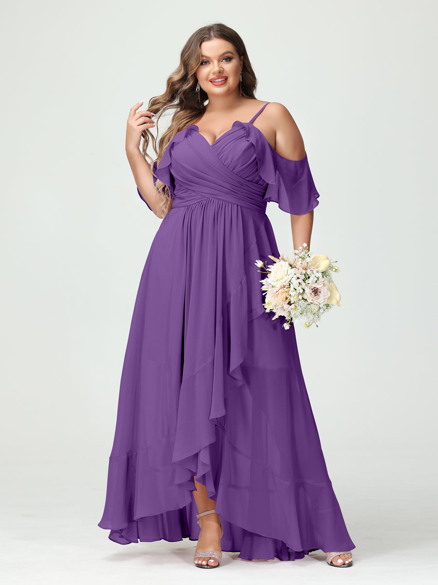 A-Line/Princess Spaghetti Straps V-Neck Short Sleeves Chiffon Asymmetrical Plus Size Bridesmaid Dresses with Ruffles