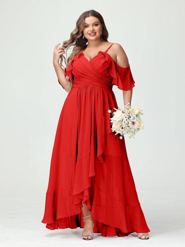 A-Line/Princess Spaghetti Straps V-Neck Short Sleeves Chiffon Asymmetrical Plus Size Bridesmaid Dresses with Ruffles
