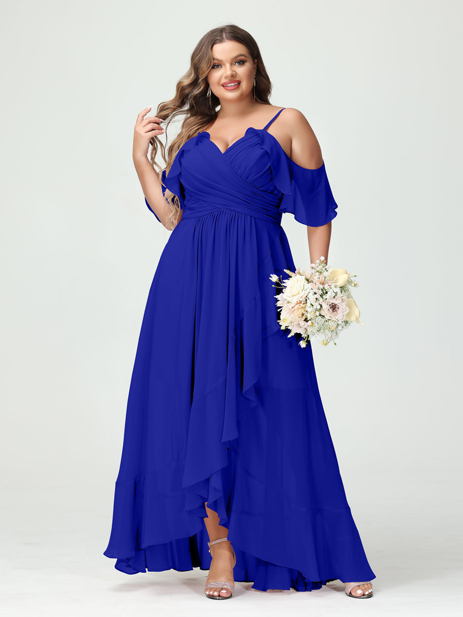 A-Line/Princess Spaghetti Straps V-Neck Short Sleeves Chiffon Asymmetrical Plus Size Bridesmaid Dresses with Ruffles