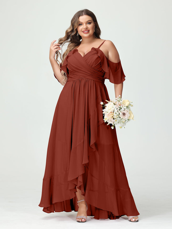 A-Line/Princess Spaghetti Straps V-Neck Short Sleeves Chiffon Asymmetrical Plus Size Bridesmaid Dresses with Ruffles