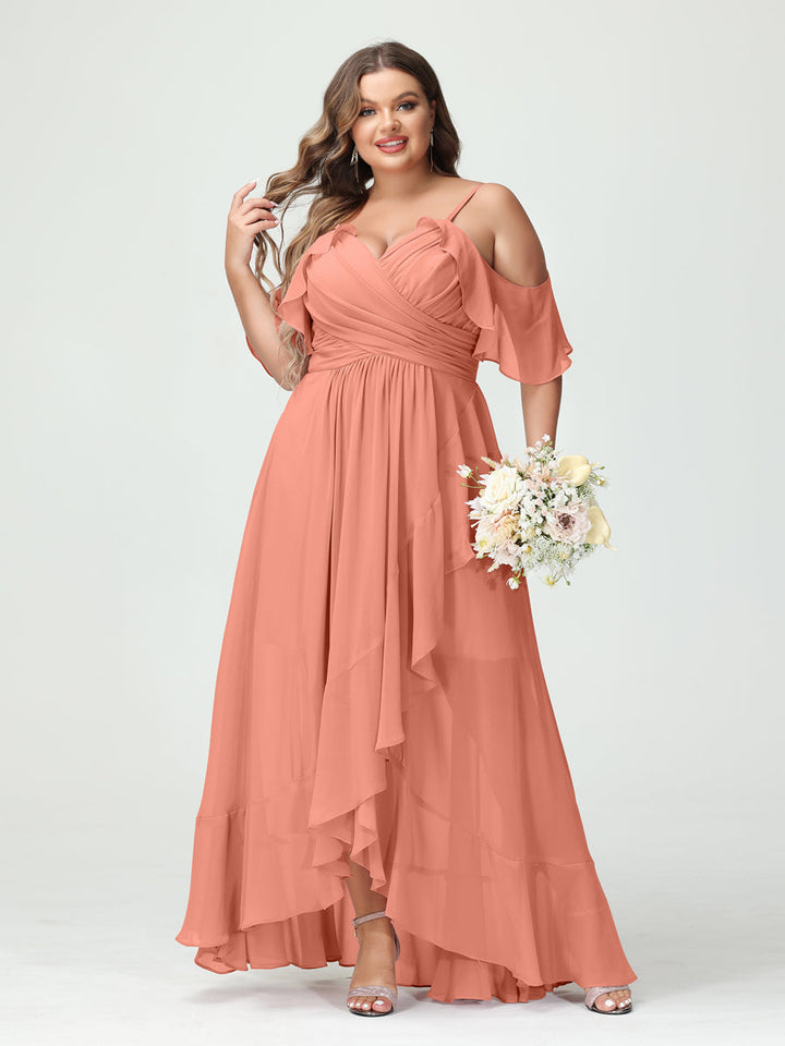 A-Line/Princess Spaghetti Straps V-Neck Short Sleeves Chiffon Asymmetrical Plus Size Bridesmaid Dresses with Ruffles