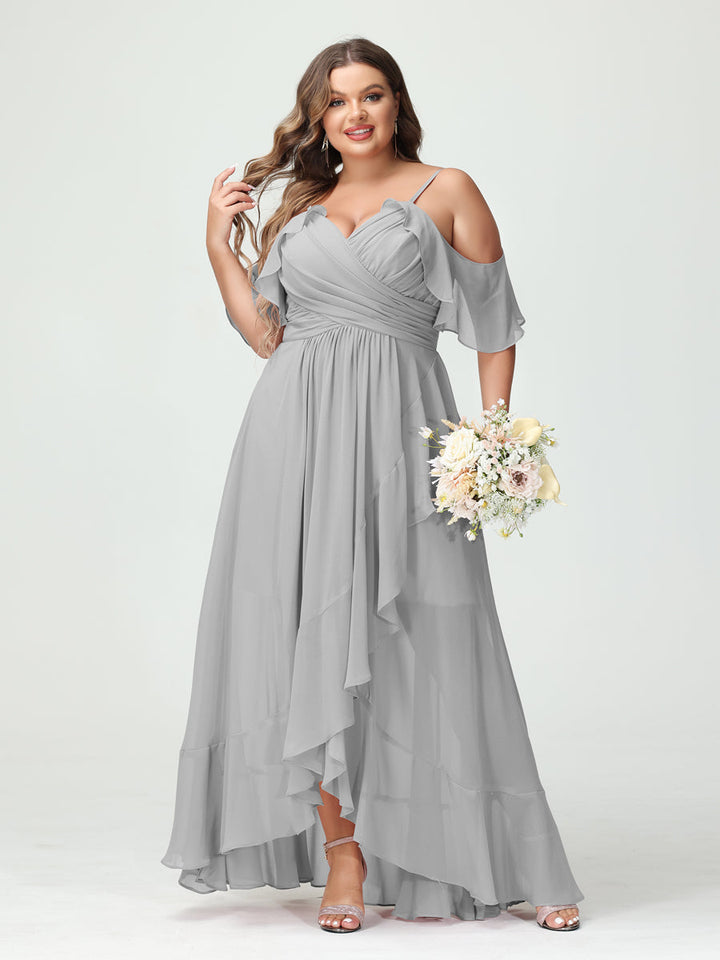 A-Line/Princess Spaghetti Straps V-Neck Short Sleeves Chiffon Asymmetrical Plus Size Bridesmaid Dresses with Ruffles