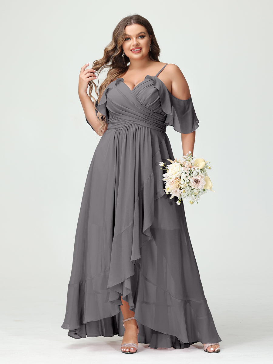 A-Line/Princess Spaghetti Straps V-Neck Short Sleeves Chiffon Asymmetrical Plus Size Bridesmaid Dresses with Ruffles