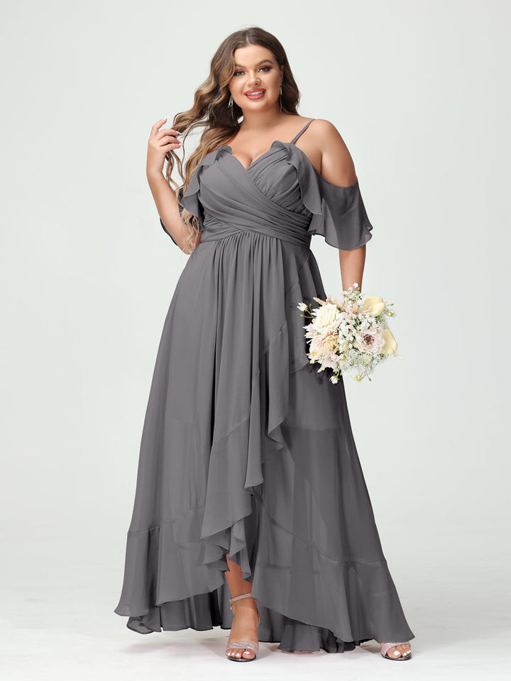 A-Line/Princess Spaghetti Straps V-Neck Short Sleeves Chiffon Asymmetrical Plus Size Bridesmaid Dresses with Ruffles