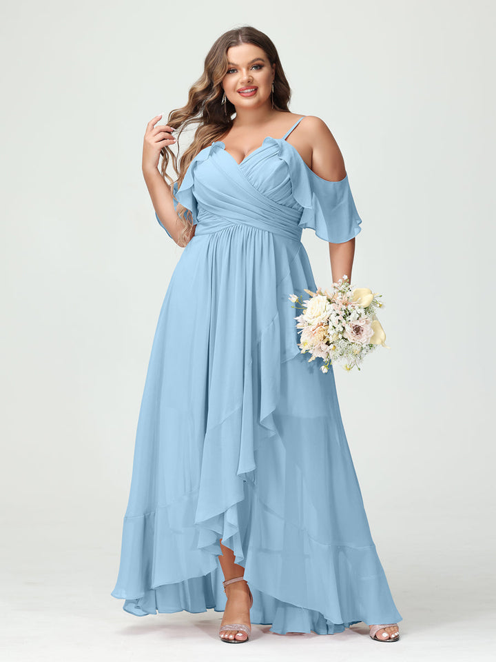 A-Line/Princess Spaghetti Straps V-Neck Short Sleeves Chiffon Asymmetrical Plus Size Bridesmaid Dresses with Ruffles