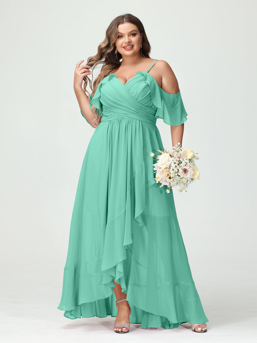 A-Line/Princess Spaghetti Straps V-Neck Short Sleeves Chiffon Asymmetrical Plus Size Bridesmaid Dresses with Ruffles
