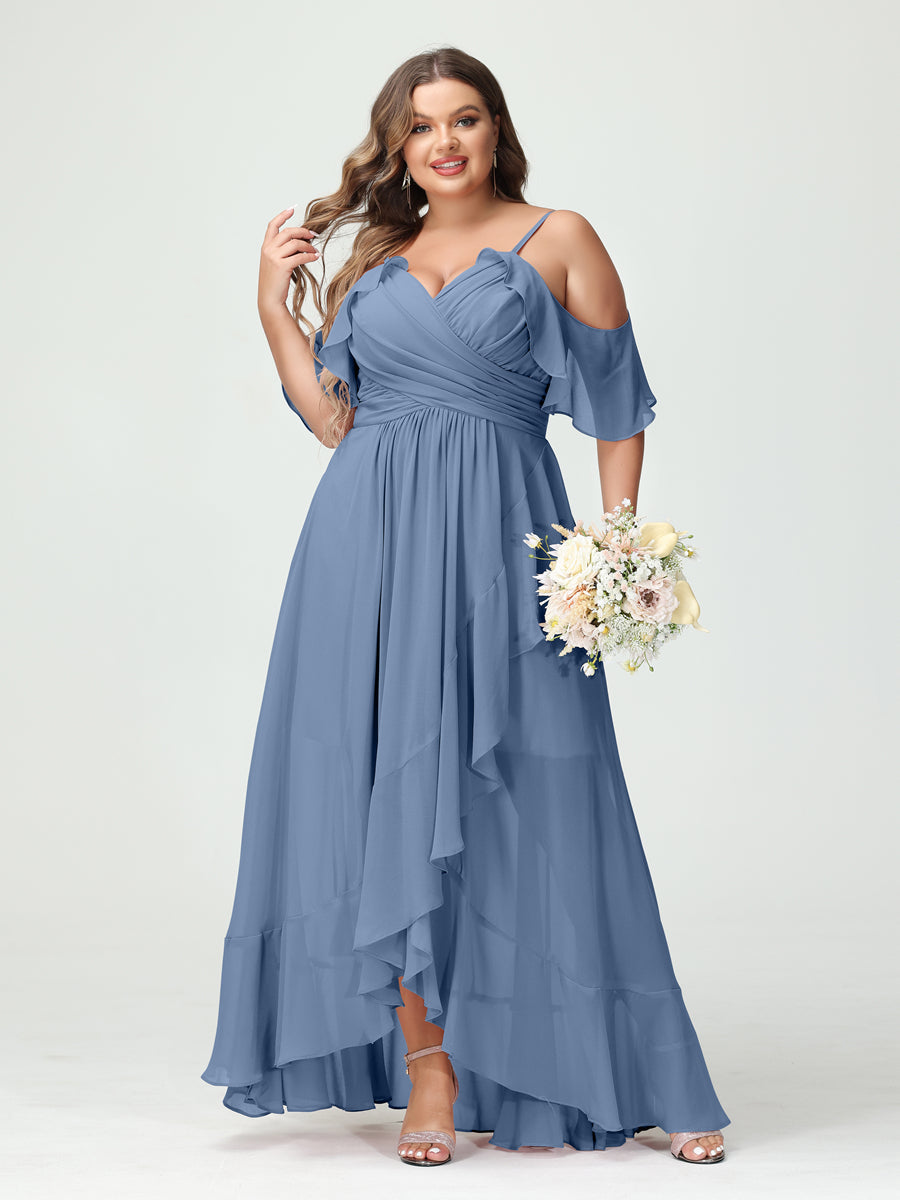 A-Line/Princess Spaghetti Straps V-Neck Short Sleeves Chiffon Asymmetrical Plus Size Bridesmaid Dresses with Ruffles