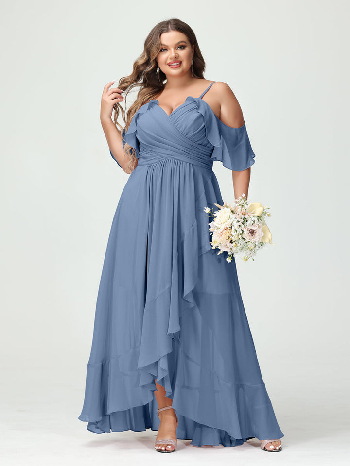 A-Line/Princess Spaghetti Straps V-Neck Short Sleeves Chiffon Asymmetrical Plus Size Bridesmaid Dresses with Ruffles