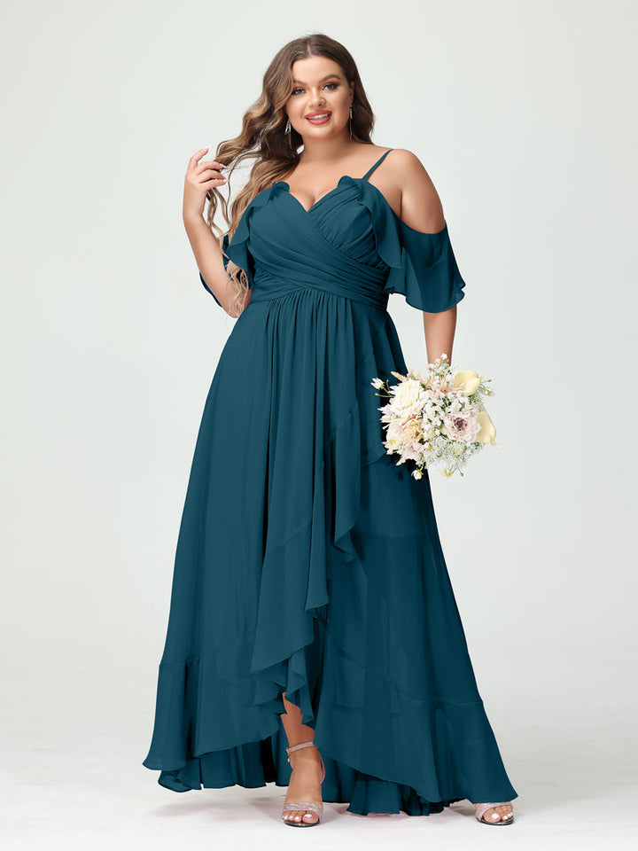A-Line/Princess Spaghetti Straps V-Neck Short Sleeves Chiffon Asymmetrical Plus Size Bridesmaid Dresses with Ruffles