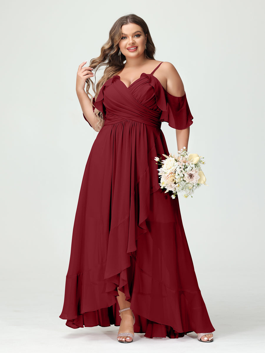 A-Line/Princess Spaghetti Straps V-Neck Short Sleeves Chiffon Asymmetrical Plus Size Bridesmaid Dresses with Ruffles