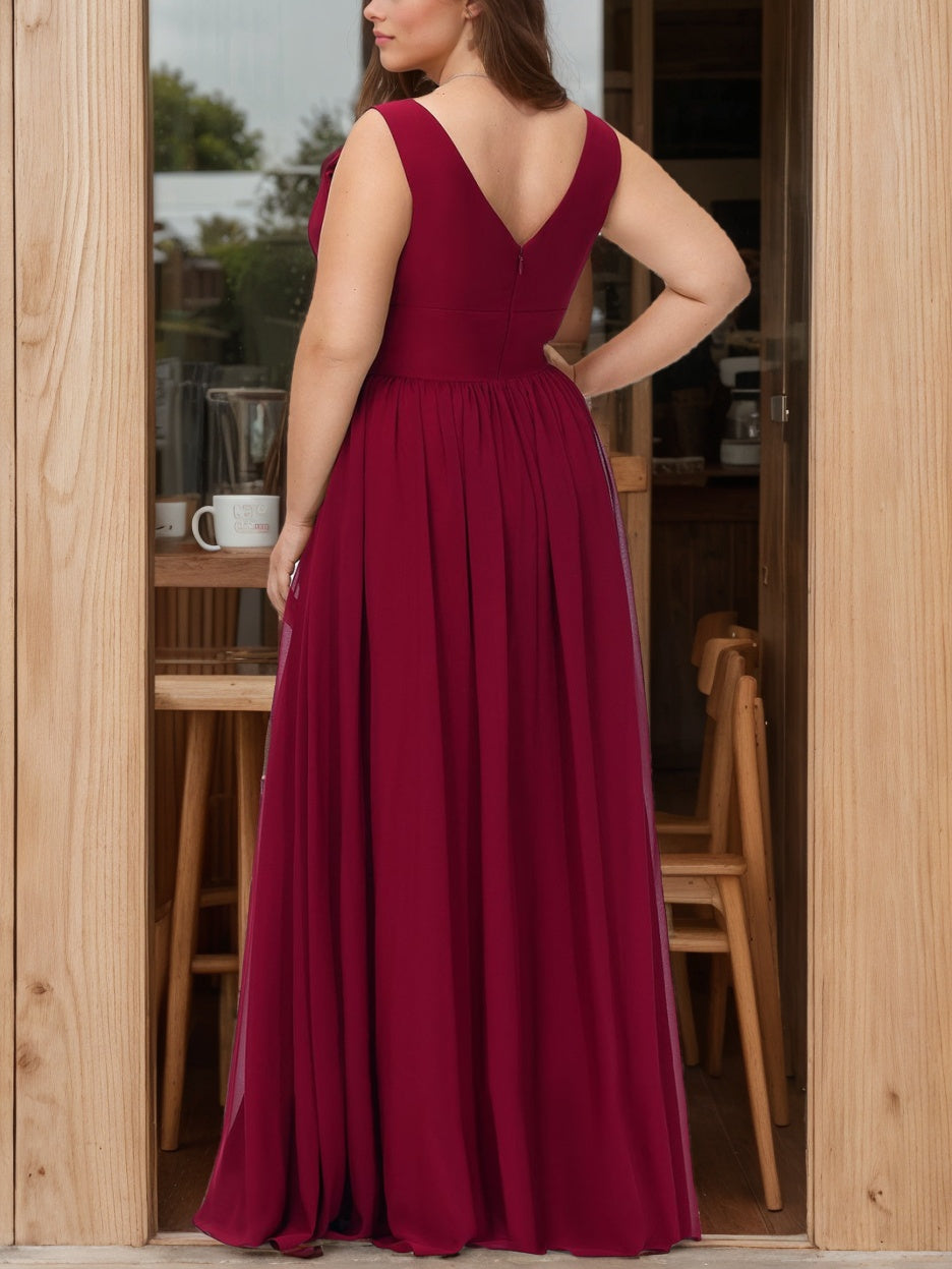 A-Line/Princess Deep V-Neck Sleeveless Floor-Length Plus Size Bridesmaid Dresses with Split Side