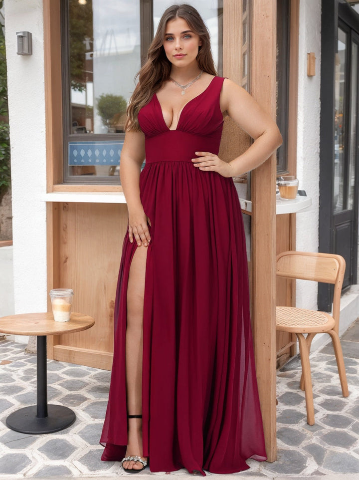 A-Line/Princess Deep V-Neck Sleeveless Floor-Length Plus Size Bridesmaid Dresses with Split Side