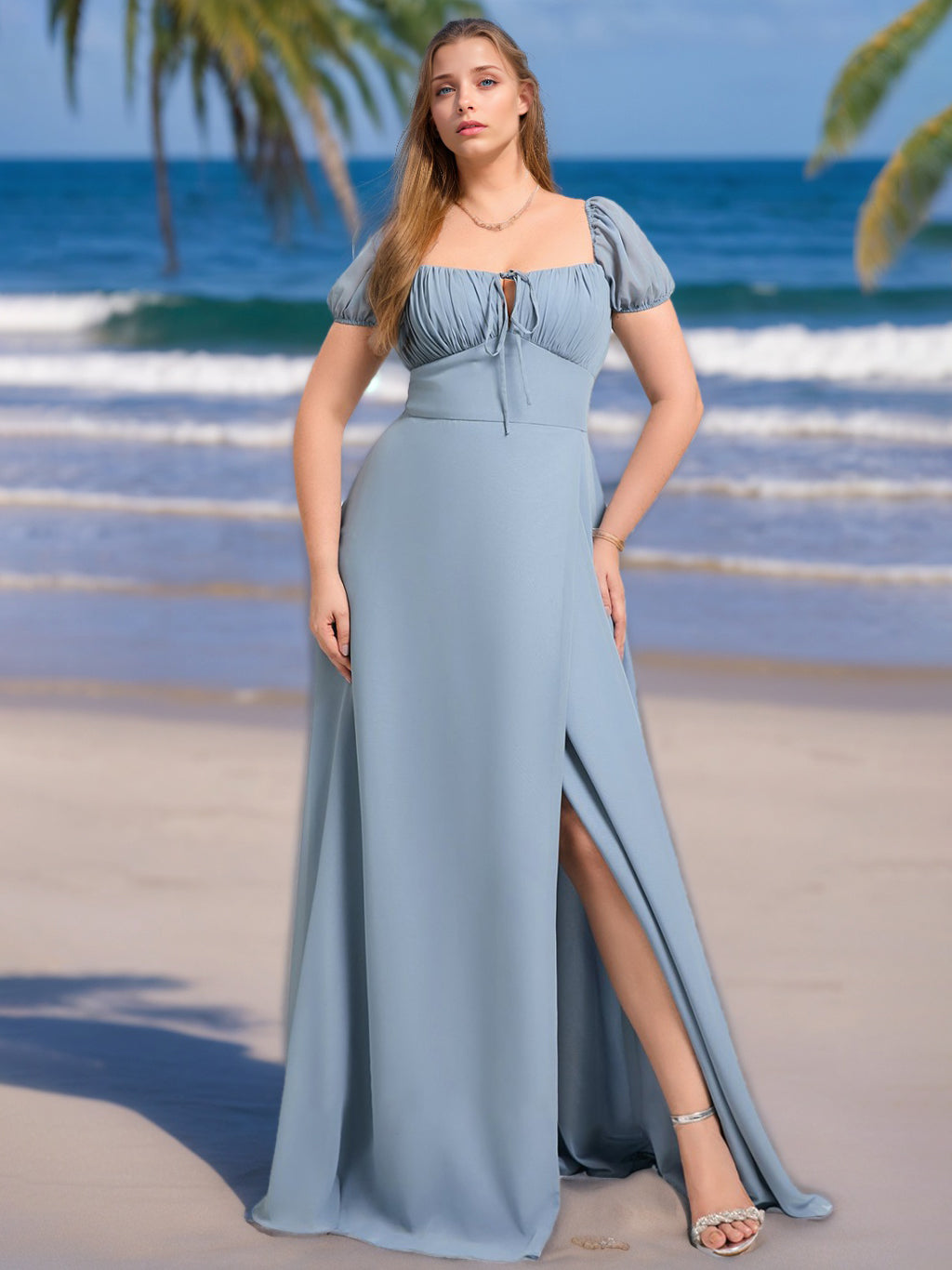 A-Line/Princess Square Neck Short Sleeves Chiffon Plus Size Bridesmaid Dresses with Ruffles & Split Side