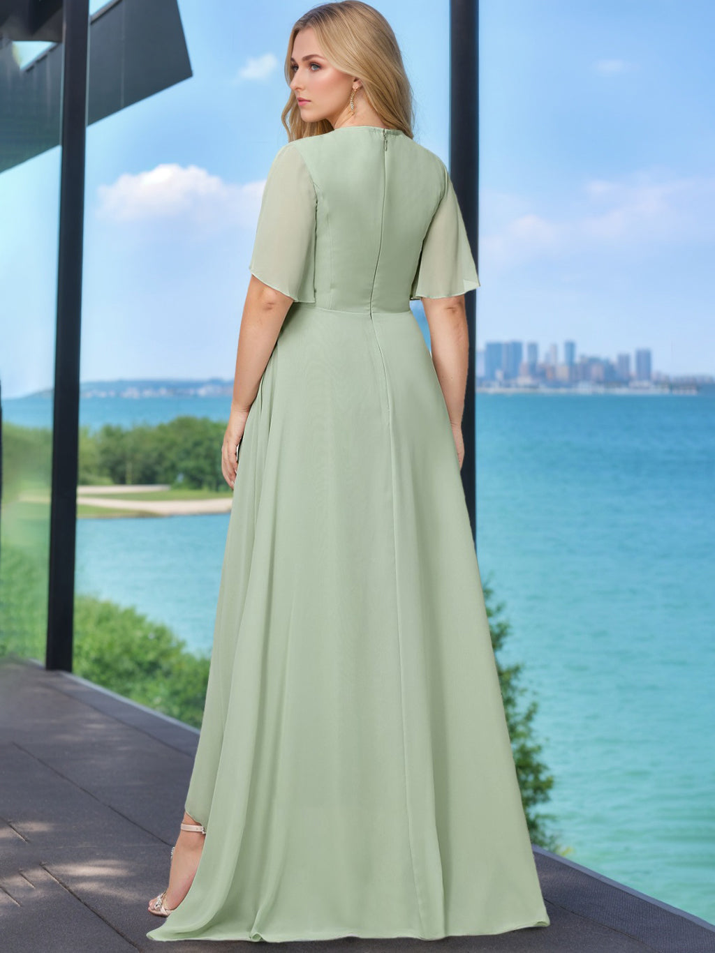A-Line/Princess Jewel Neck Short Sleeves Asymmetrical Plus Size Bridesmaid Dress