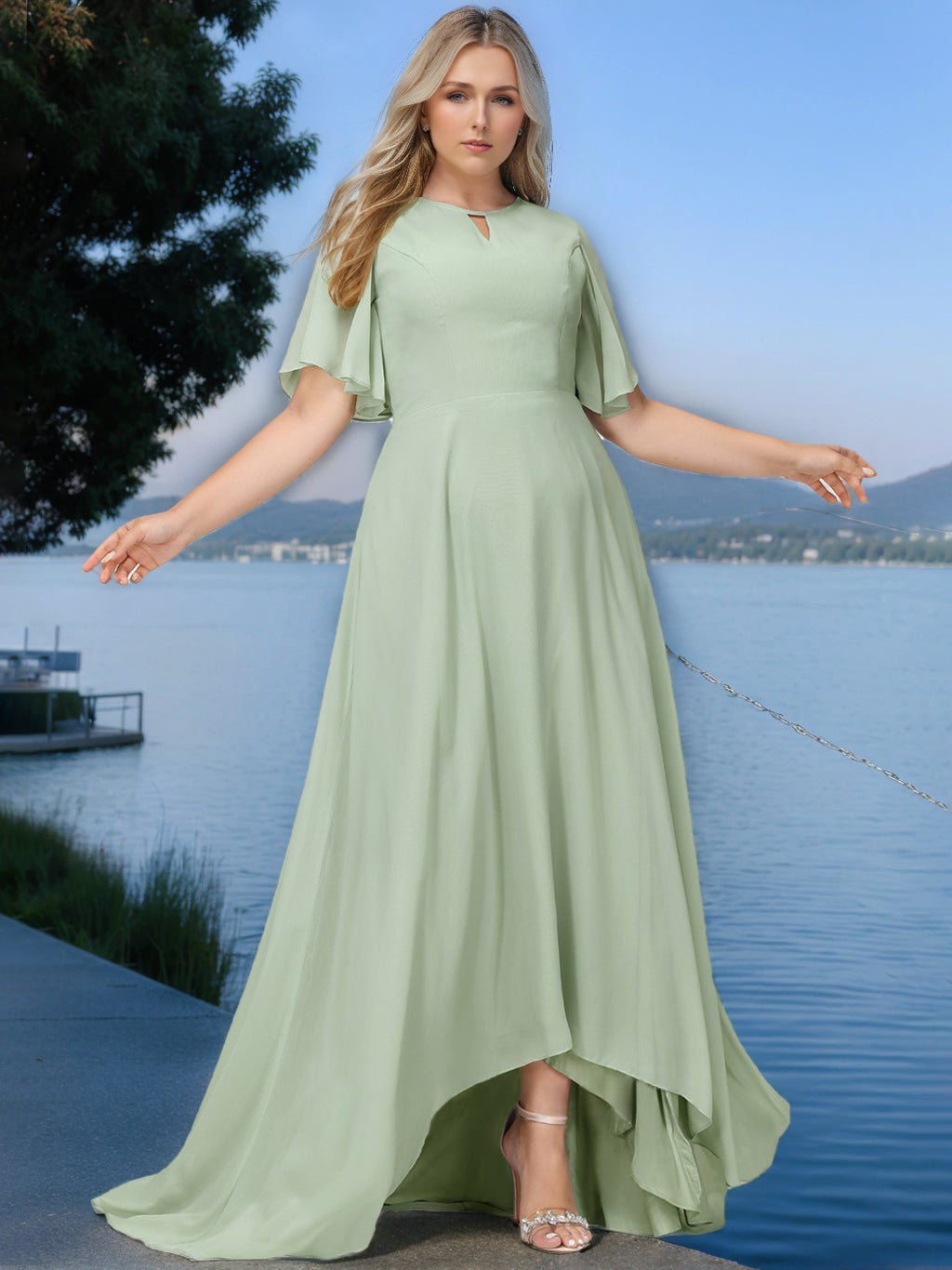 A-Line/Princess Jewel Neck Short Sleeves Asymmetrical Plus Size Bridesmaid Dress