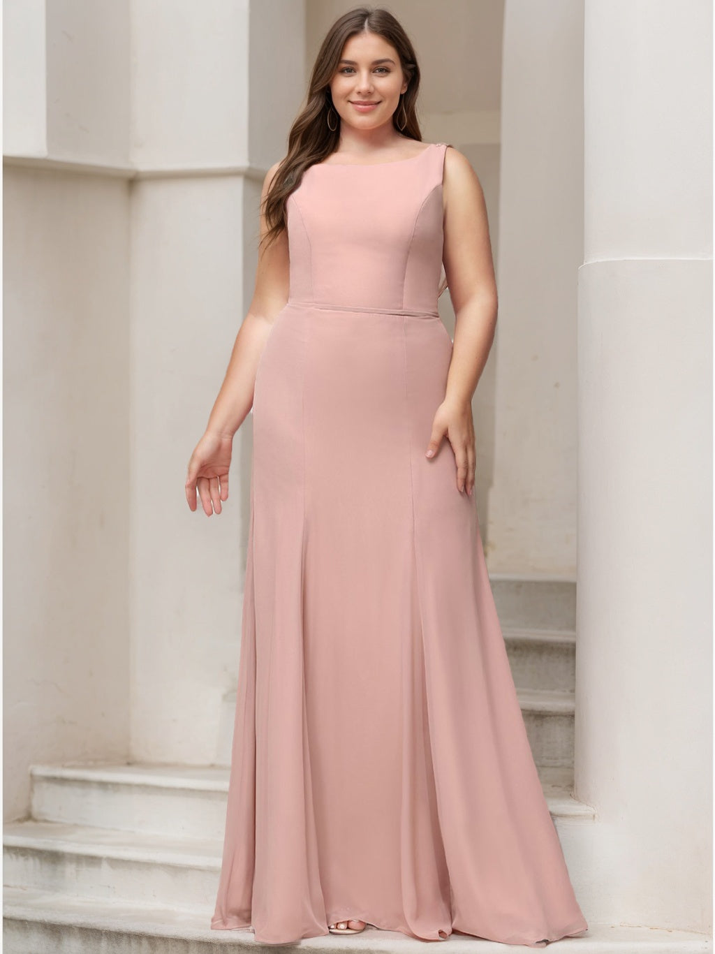 A-Line/Princess Boat Neck Sleeveless Floor-Length Plus Size Bridesmaid Dresses