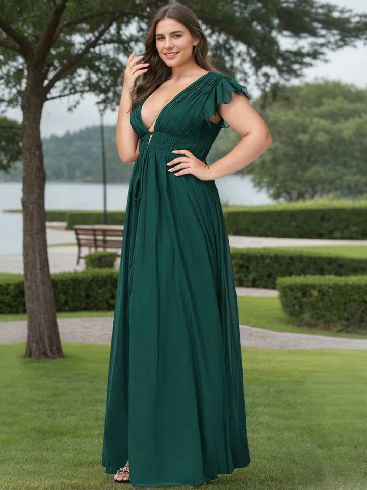 A-Line/Princess Deep V-Neck Short Sleeves Floor-Length Plus Size Bridesmaid Dresses with Split Side