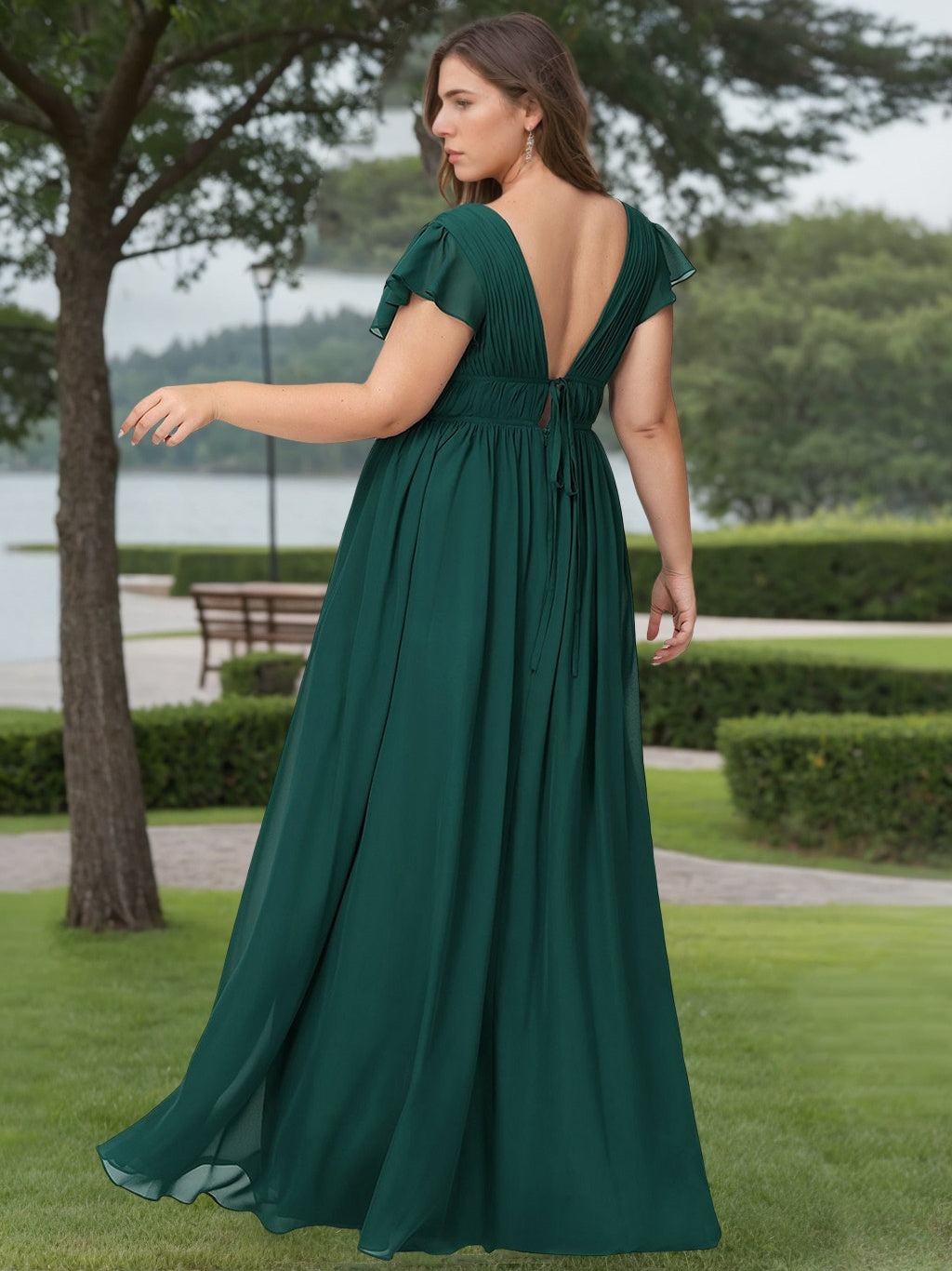 A-Line/Princess Deep V-Neck Short Sleeves Floor-Length Plus Size Bridesmaid Dresses with Split Side