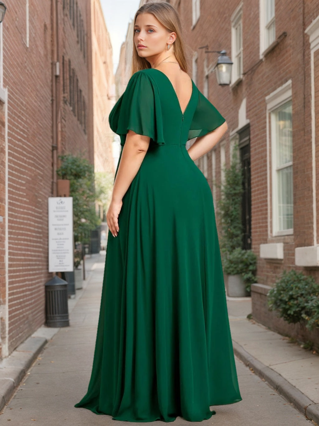 A-Line/Princess Double V-Neck Short Sleeves Floor-Length Plus Size Bridesmaid Dresses with Ruffles