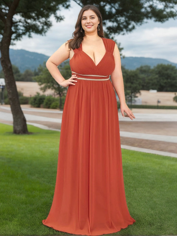 A-Line/Princess Deep V-Neck Sleeveless Floor-Length Plus Size Bridesmaid Dresses with Beads