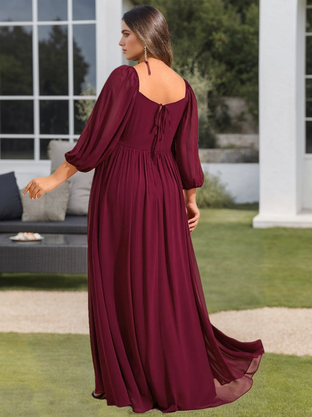 A-Line/Princess Sweetheart 3/4 Length Sleeves Floor-Length Plus Size Bridesmaid Dresses With Ruffles
