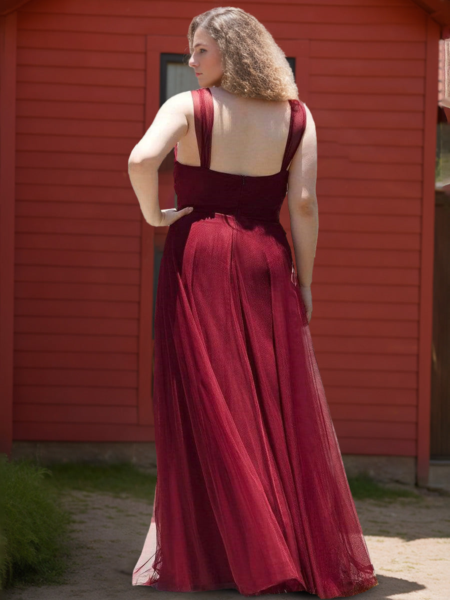 A-Line/Princess Deep V-Neck Sleeveless Floor-Length Plus Size Bridesmaid Dresses with Lace