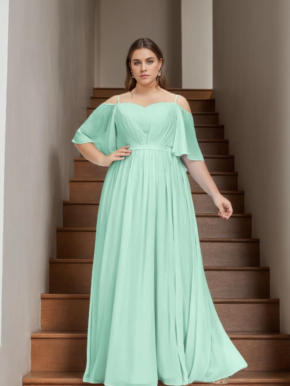A-Line/Princess Spaghetti Straps Short Sleeves Floor-Length Plus Size Bridesmaid Dresses