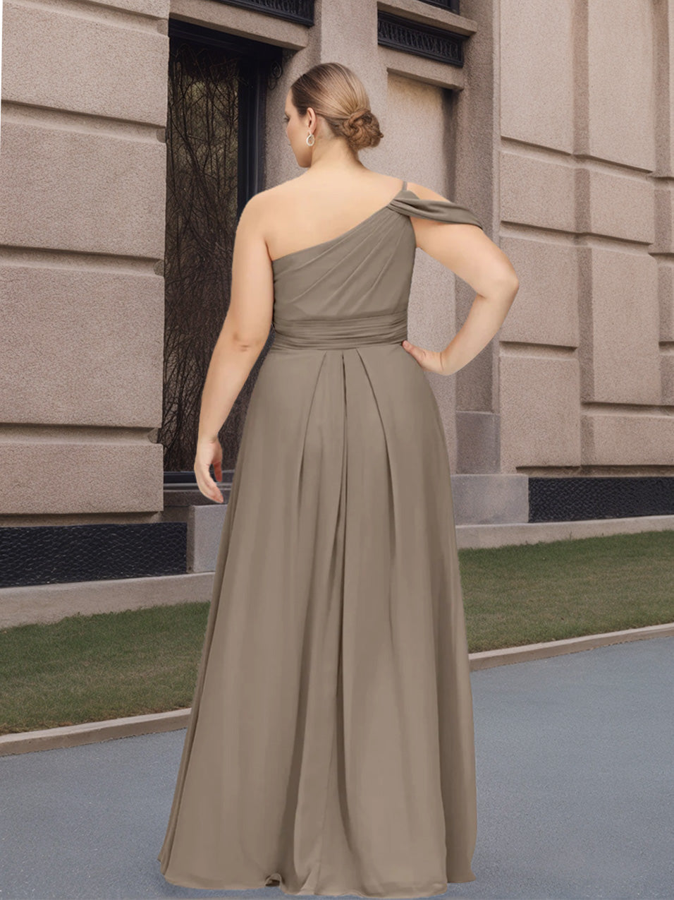 A-Line/Princess Spaghetti Straps One-Shoulder Floor-Length Plus Size Bridesmaid Dresses with Ruffles