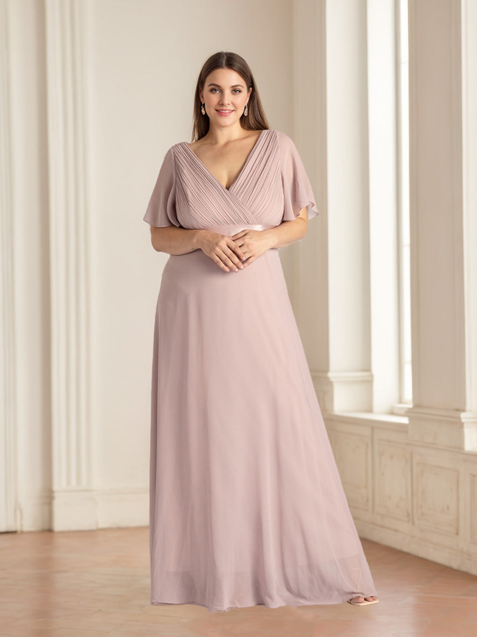 A-Line/Princess Deep V-Neck Short Sleeves Floor-Length Plus Size Bridesmaid Dresses with Ruffles