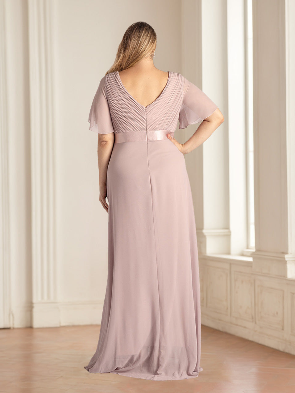 A-Line/Princess Deep V-Neck Short Sleeves Floor-Length Plus Size Bridesmaid Dresses with Ruffles