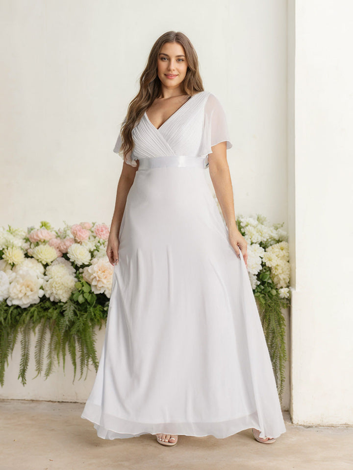 A-Line/Princess Deep V-Neck Short Sleeves Floor-Length Plus Size Bridesmaid Dresses with Ruffles