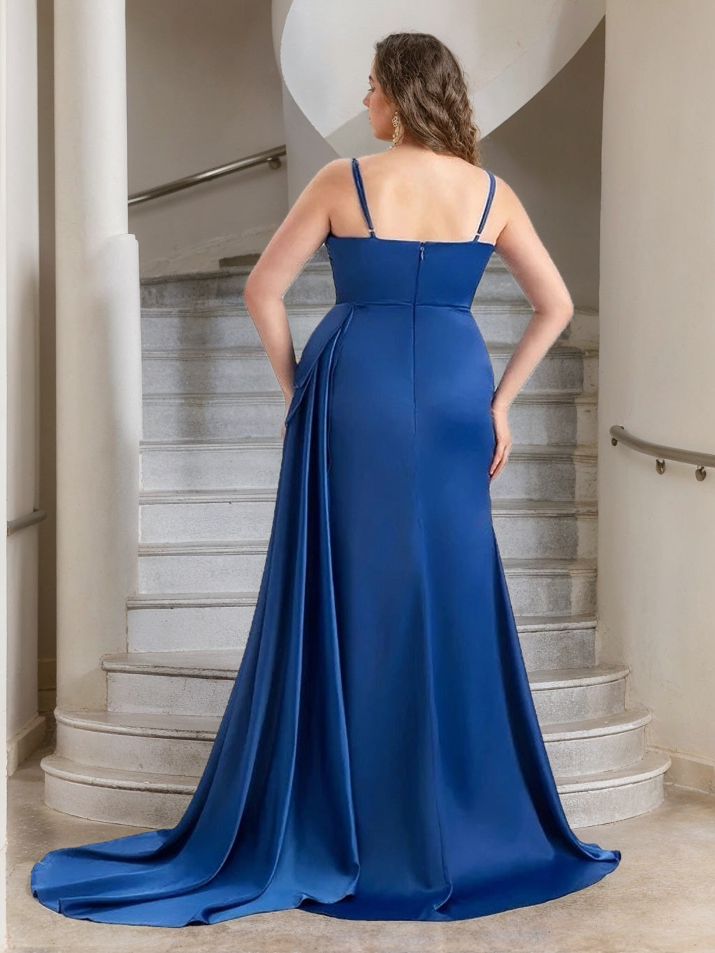 Trumpet/Mermaid Spaghetti Straps Sleeveless Floor-Length Plus Size Bridesmaid Dresses with Split Side & Watteau Train
