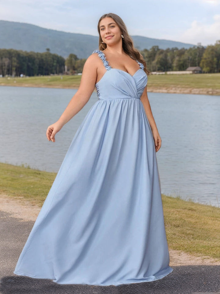 A-Line/Princess Sweetheart Sleeveless Floor-Length Plus Size Bridesmaid Dresses with Ruffles & 3D Flower