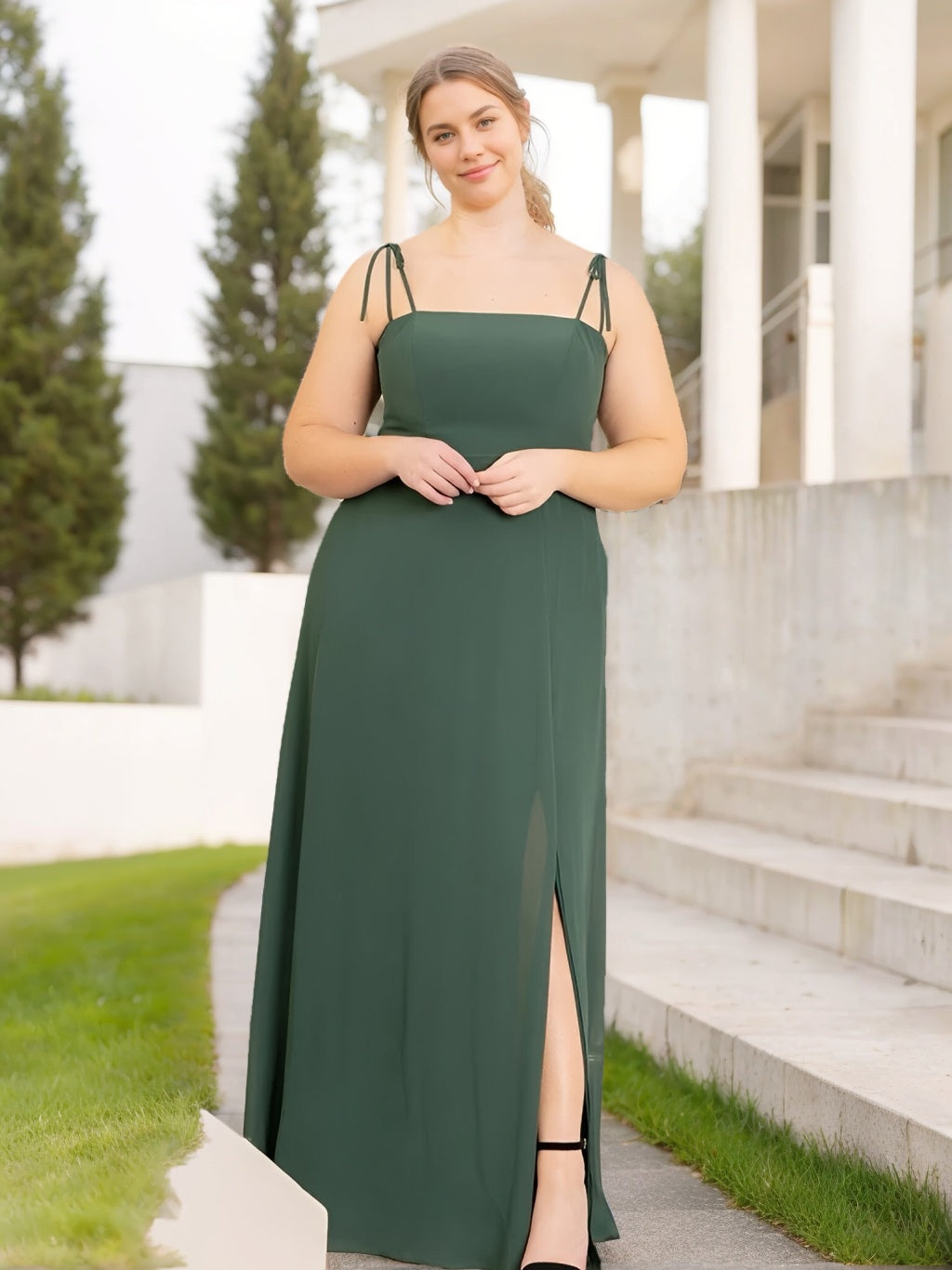 A-Line/Princess Spaghetti Straps Sleeveless Floor-Length Unique Plus Size Bridesmaid Dresses with Split Side