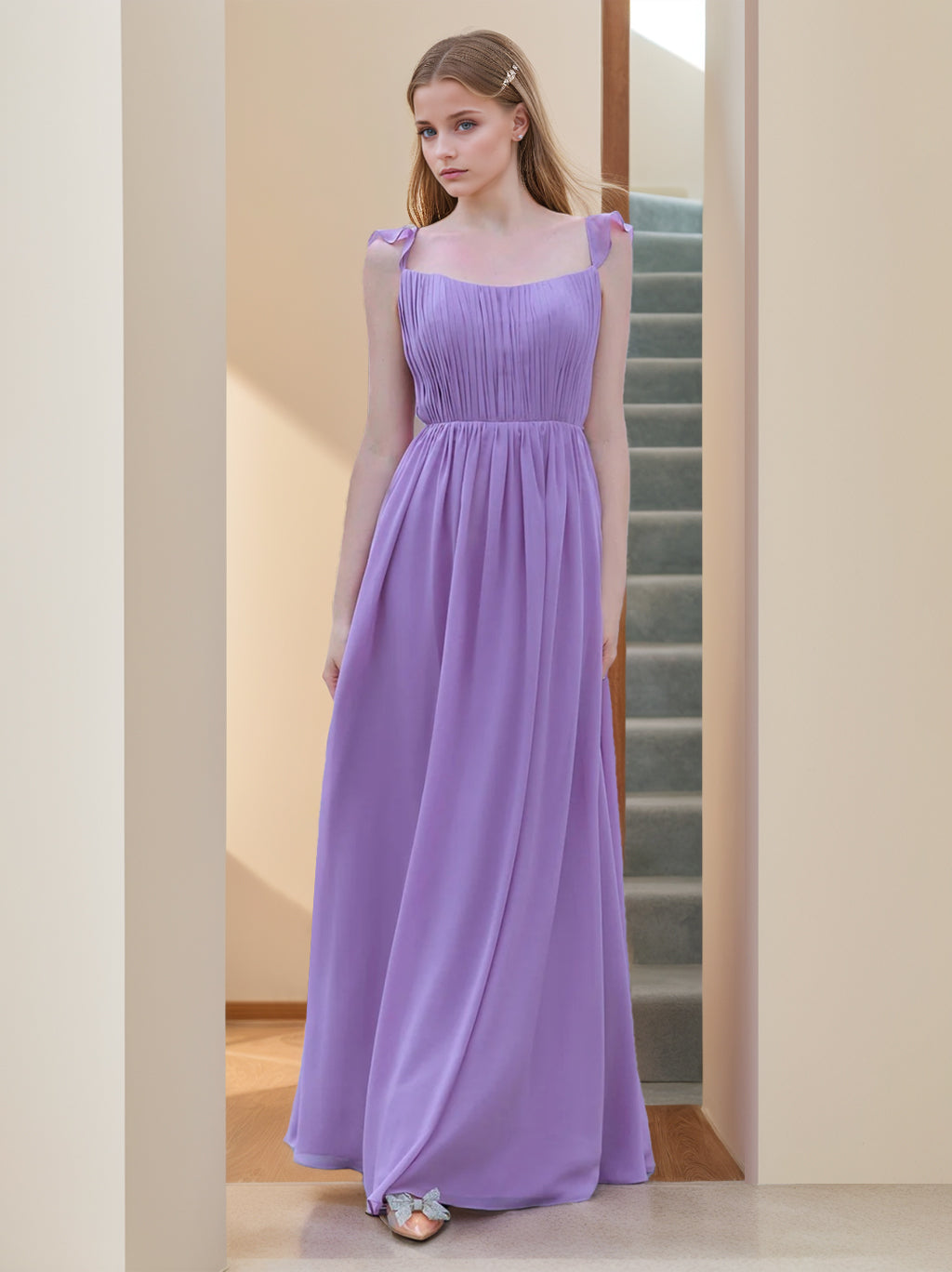 A-Line/Princess Square Neck Sleeveless Floor-Length Bridesmaid Dresses with Ruffles