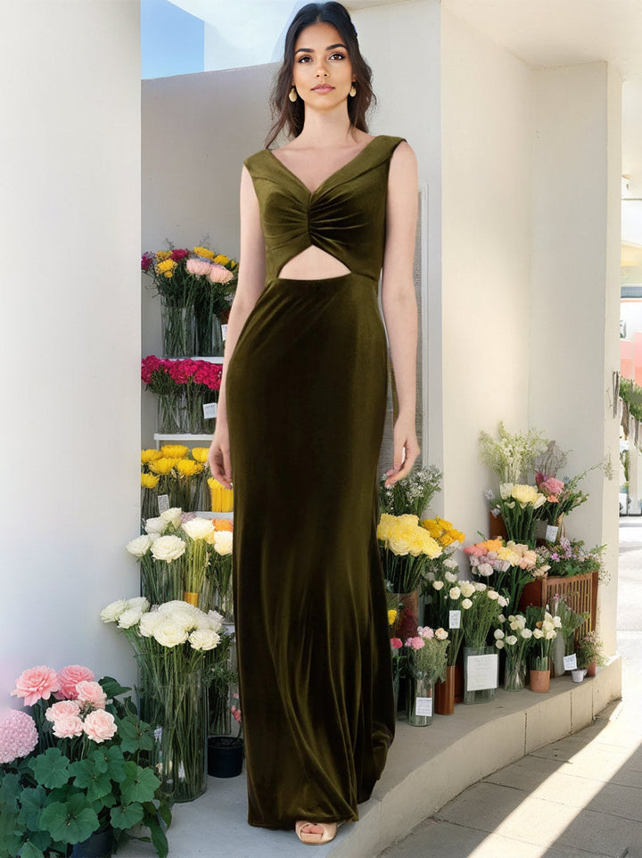 A-Line/Princess V-Neck Sleeveless Floor-Length Velvet Unique Bridesmaid Dresses with Ruffles