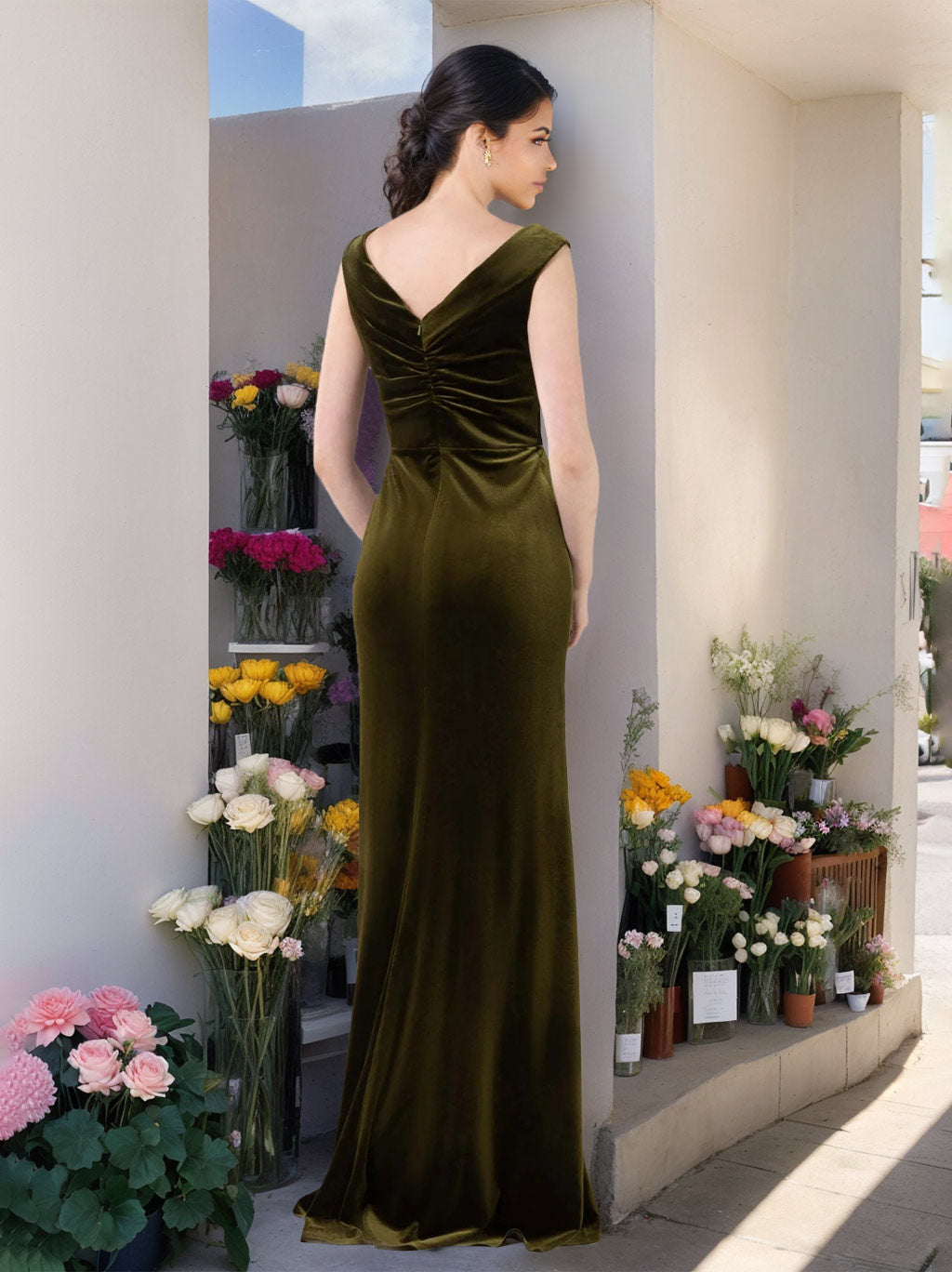 A-Line/Princess V-Neck Sleeveless Floor-Length Velvet Unique Bridesmaid Dresses with Ruffles