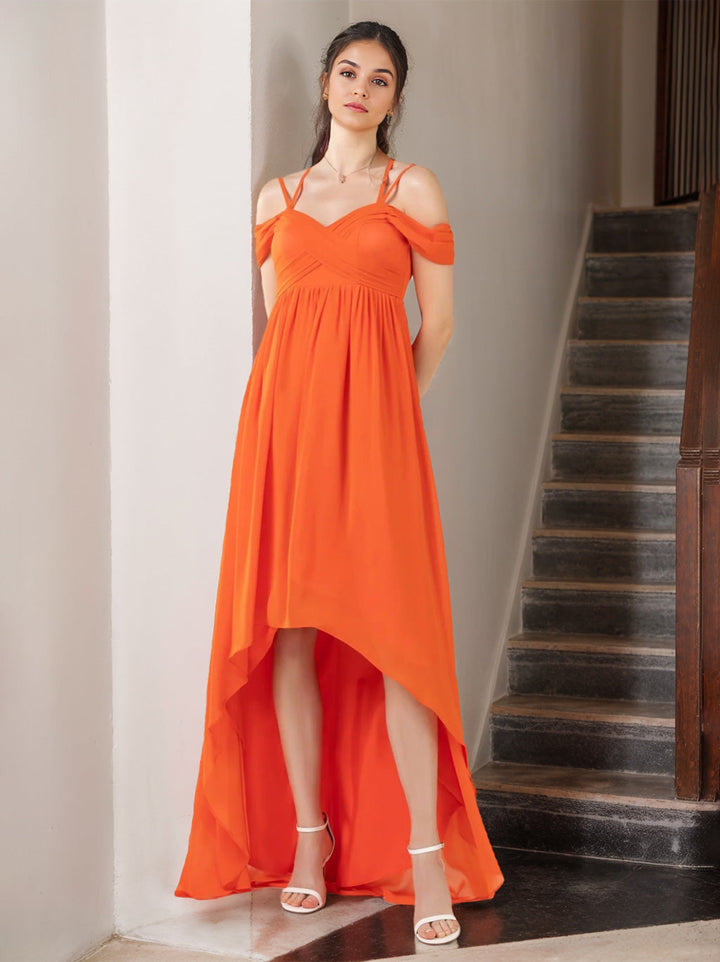 A-Line/Princess Spaghetti Straps Sleeveless Asymmetrical Unique Bridesmaid Dresses with Ruffles