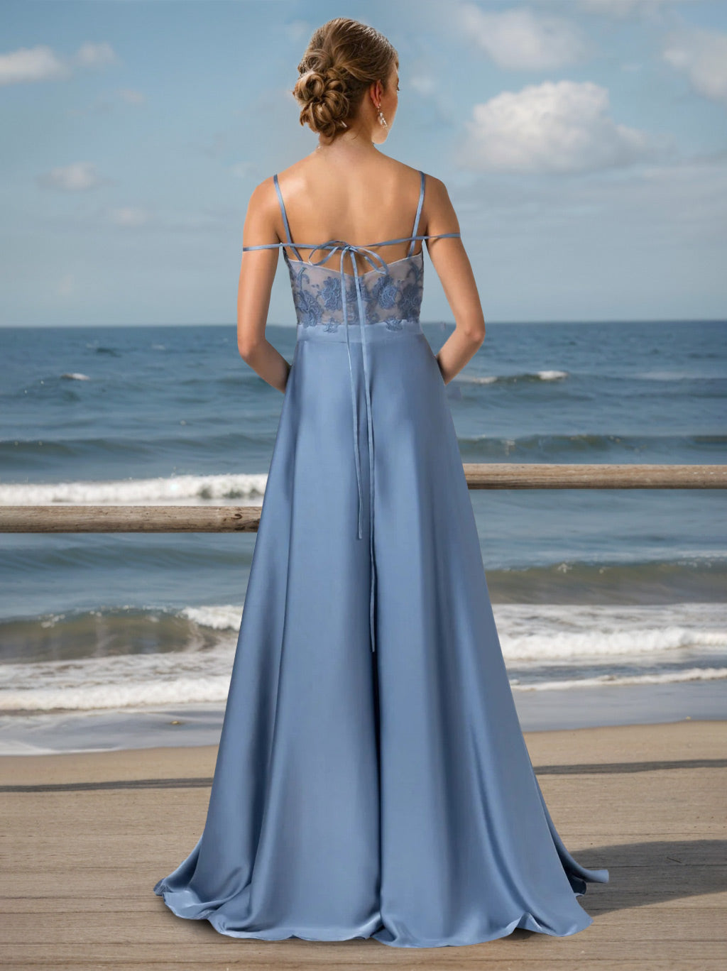 A-Line/Princess Spaghetti Straps Sleeveless Floor-Length Unique Bridesmaid Dresses with Split Side, Lace & Appliques